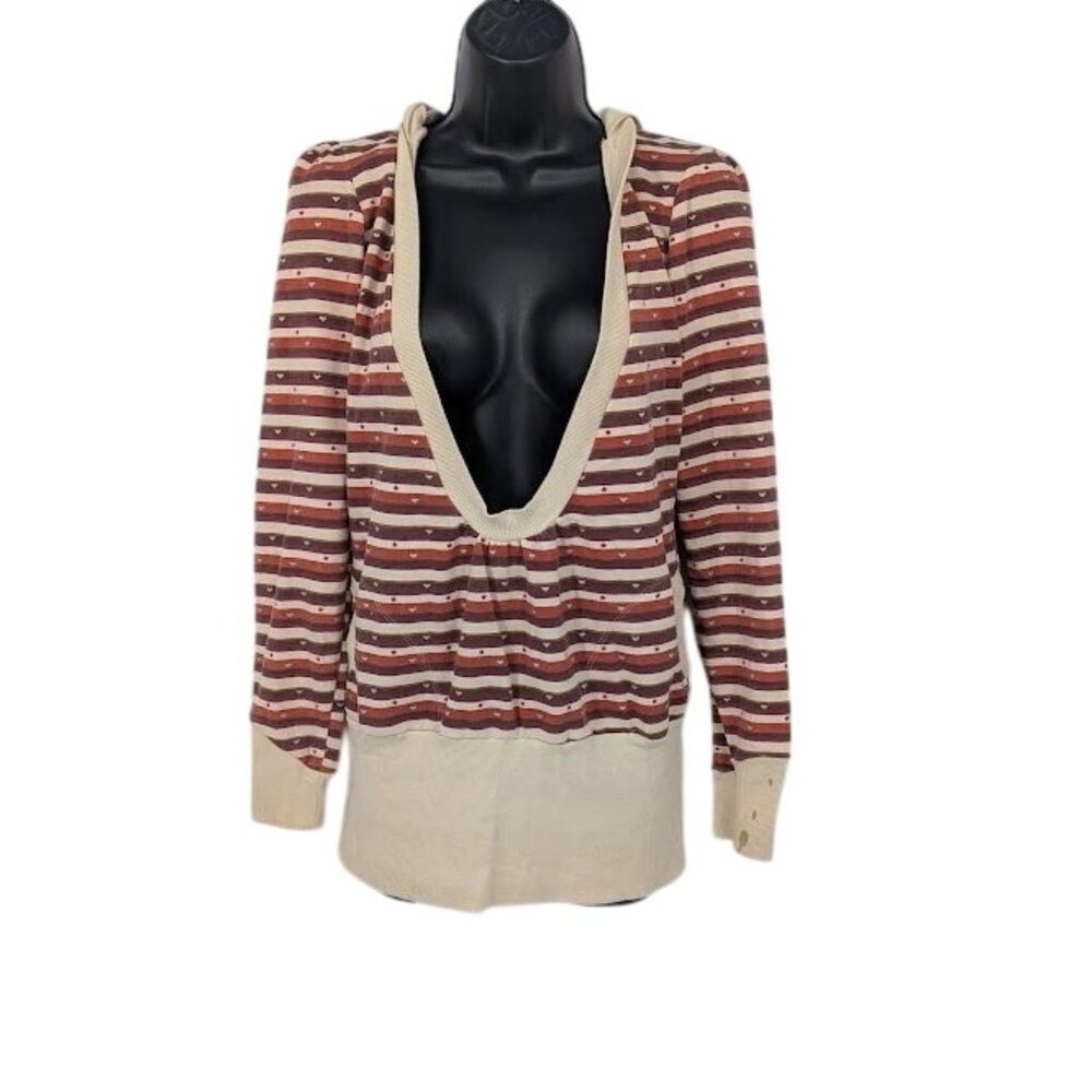 Vtg Self Esteem Y2K Striped Hooded Knit Sweatshirt Deep V Preppy Skater Size M